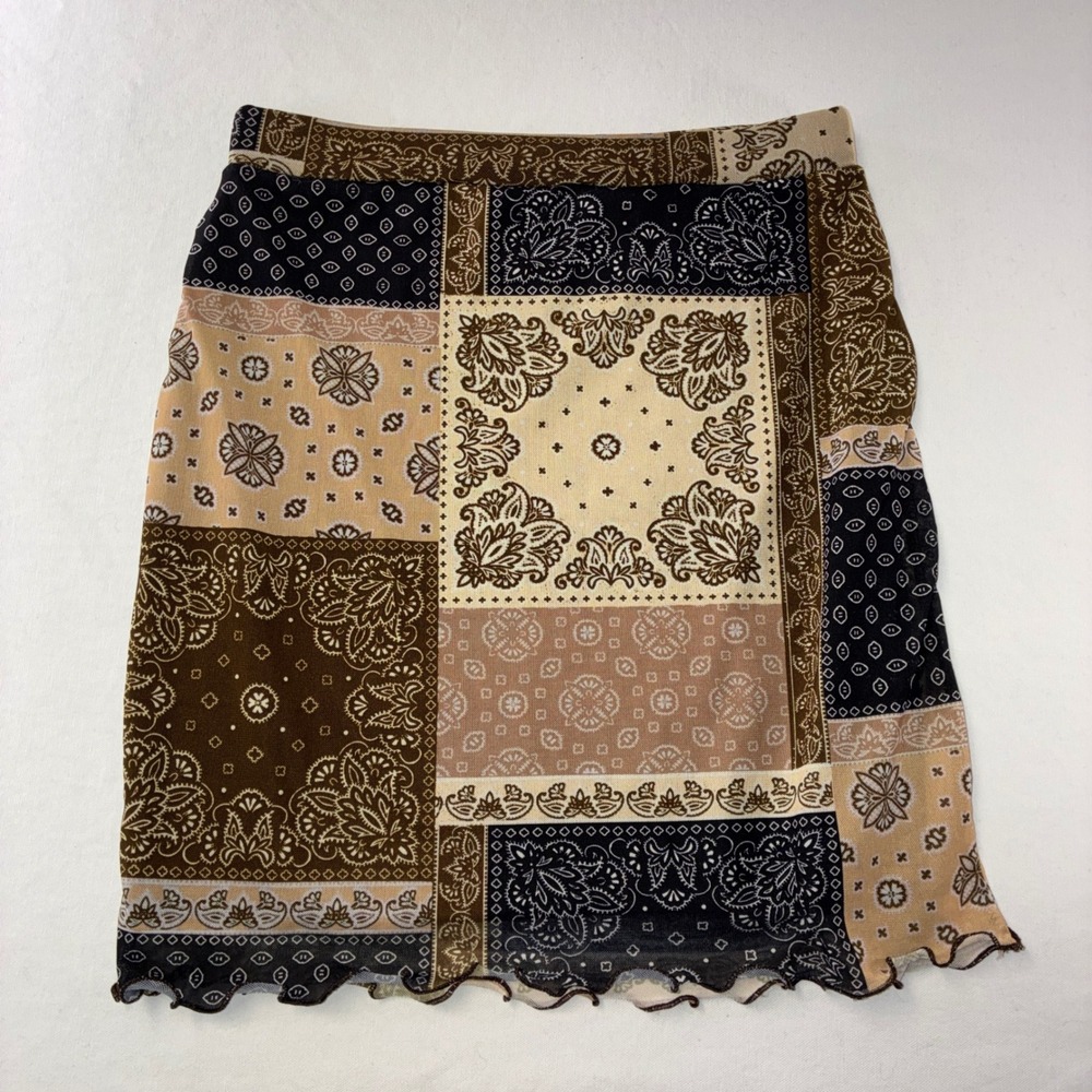 468 Boho Daisy Street Patchwork Mini Skirt 8 Brown Bandana Mesh Lettuce Edge